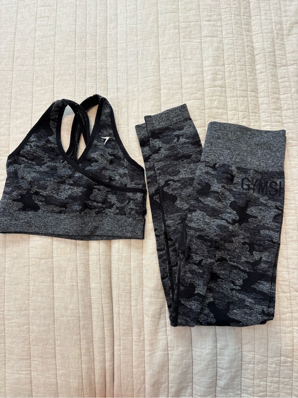 Gymshark Black & Gray Camo Seamless Sports Bra and Leggings Set